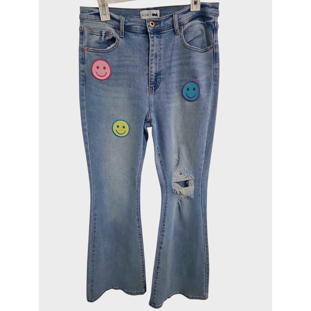 Fashion Nova Now and Later Smile High-Rise Wide leg Jeans Sz 13 Distressed